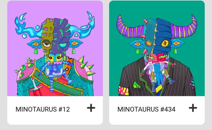 Two vibrant Minotaurus NFT cards (#12 and #434) are displayed side by side—one featuring a fierce horned figure on a purple background, the other a suited bull on teal—showcasing the artist's latest colorful bull designs available to mint on xrp.cafe with 1 million $RUG each.