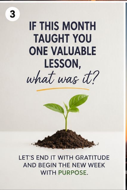 An inspirational graphic reading '3 IF THIS MONTH TAUGHT YOU ONE VALUABLE LESSON, what was it? LET'S END IT WITH GRATITUDE AND BEGIN THE NEW WEEK WITH PURPOSE.' with an image of a small plant sprouting from soil.