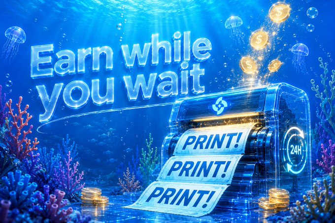 An underwater-themed crypto advertisement with the text "Earn while you wait," featuring a money printer dispensing "PRINT!" receipts alongside jellyfish and floating coins.
