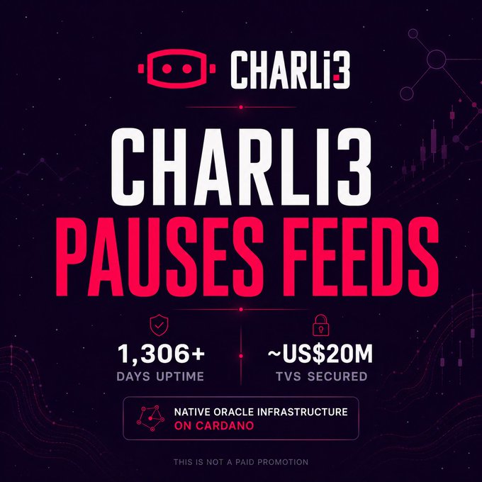 The image is a screenshot of a promotional poster for a cryptocurrency called "Charli3 pausing price feeds". It has a dark purple background with white text, including information about Chaillot pausing price feeds and the amount they pay out, as well as the price and total value of the feeds. Additionally, there are graphics and icons related to Cardano and its ecosystem on this poster. The image also shows a link where one can learn more about this promotion for Chaillot pausing price feeds.