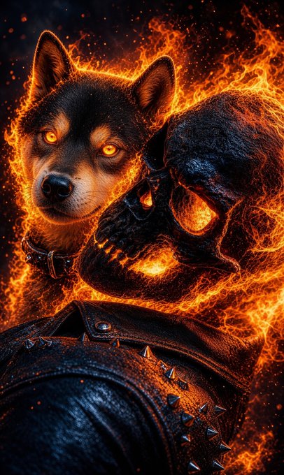 A digital artwork depicts a wolf and a demonic skull engulfed in fiery orange flames, with the wolf wearing a spiked leather collar.