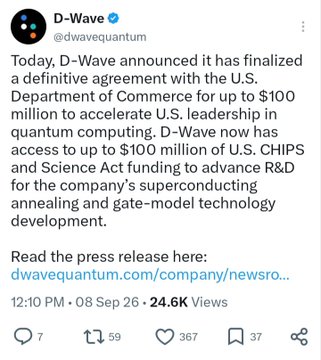 Screenshot of a D-Wave tweet (@dwavequantum) from September 8 announcing a definitive agreement with the U.S. Department of Commerce for up to $100 million in CHIPS and Science Act funding to advance quantum computing R&D.
