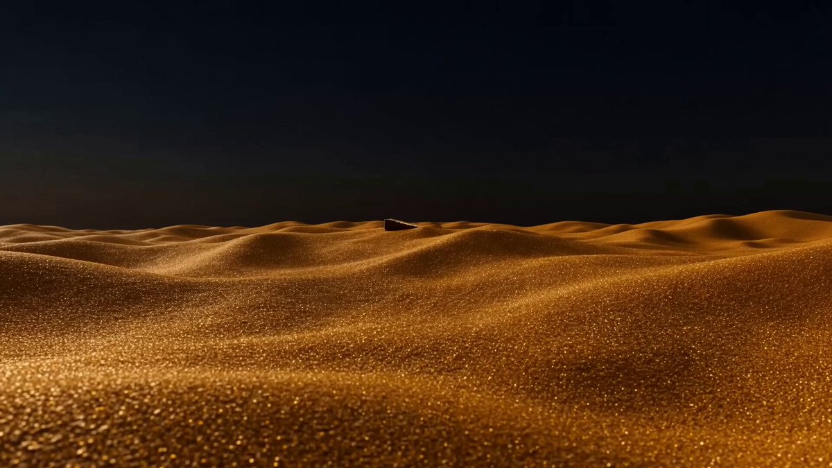 The image shows a desert landscape with sand dunes, some of which are covered in small rocks or pebbles. In the center of the frame, there's an object that appears to be a person standing alone amidst the vast expanse of sand. The background is dark and cloudy, creating a stark contrast between the person and their surroundings. The image also contains text that reads "TOPOG".