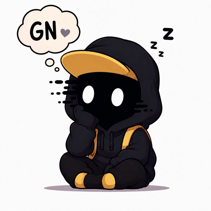 A cute cartoon character in a black and yellow hoodie sits thoughtfully with a thought bubble saying 'GN' (good night) and 'Zzz' floating above.
