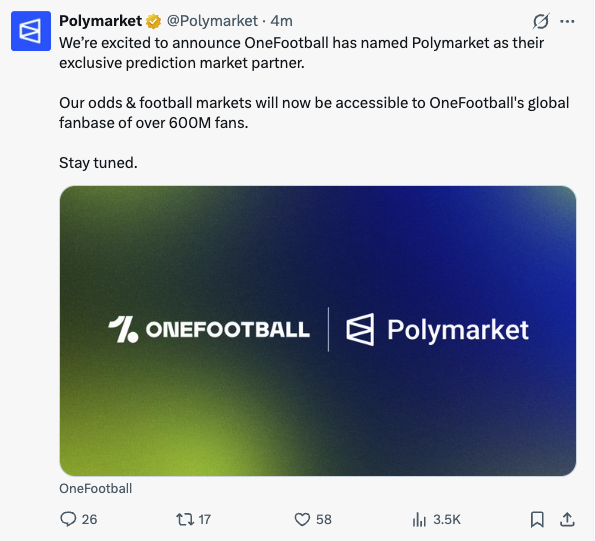 The image features a social media post from Polymarket that announces their partnership with OneFootball. The post highlights the potential benefits of using Polymarket's prediction tools for football fans, such as real-time matchday markets and access to odds becoming part of the matchday experience. It also mentions that they are excited about this new partnership and have exclusive access to a fantasy market where fans can engage in predicting the outcome of matches. The post includes a link to FanPass, which is a platform for accessing these betting tools.