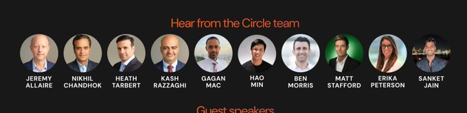 A 'Hear from the Circle team' panel featuring headshots of Jeremy Allaire, Nikhil Chandhok, Heath Tarbert, Kash Razzaghi, Gagan Mac, Hao Min, Ben Morris, Matt Stafford, Erika Peterson, and Sanket Jain, with 'Guest speakers' listed below.