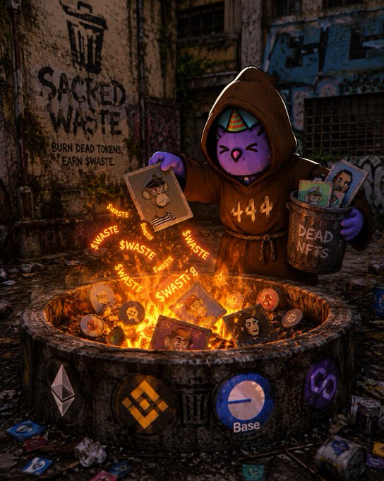 A stylized illustration titled 'SACRED WASTE' depicting a hooded purple cat character in robes holding NFTs, burning 'DEAD TOKENS' to 'EARN $WASTE' in a fire pit surrounded by crypto logos.