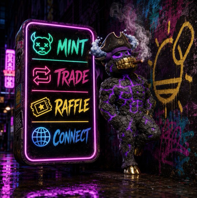 A graffiti-covered character in a pirate hat smokes a cigar beside a neon menu board displaying options: "MINT," "TRADE," "RAFFLE," and "CONNECT." The gritty urban aesthetic and dimly lit alley setting mirror the post's message about resilience during a bear market—those who remain in the NFT/Web3 space are like the lone figure persisting in tough conditions, still choosing to engage with core activities like minting, trading, and community-building despite the challenging environment.