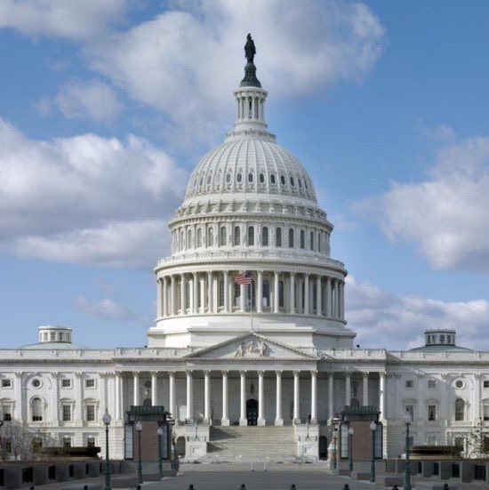 A view of the United States Capitol building with its iconic white dome and Statue of Freedom on top, set against a partly cloudy sky.