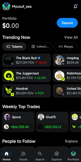 A mobile app screen shows a user profile for 'Myusuf_sea' with a $0.00 portfolio balance. The 'Trending Now' section lists tokens like 'The Black Bull' ($217.2M FDV, down 18.6%), 'mogdog' ($504.6K), 'The Juggernaut' ($13.4M FDV, up 22.8%), and 'Robinhood' ($1.17M FDV).