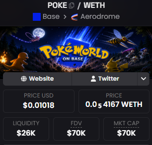 A cryptocurrency token page for 'POKE' showing the trading pair 'POKE / WETH' on Aerodrome via Base, with a price of $0.01018, FDV of $70K, and market cap of $70K.