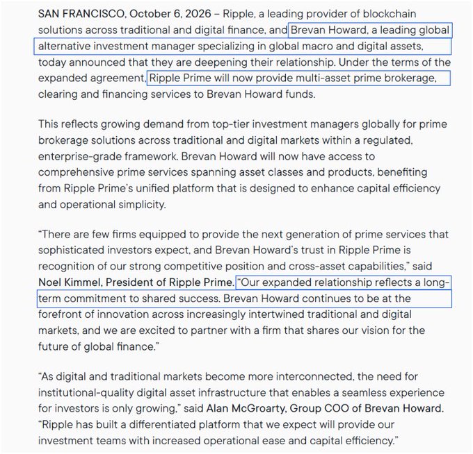 A press release dated October 6, 2026, announcing that Ripple and Brevan Howard are deepening their relationship, with highlighted text stating "Brevan Howard," "Ripple Prime will now provide multi-asset prime brokerage," and a quote from Noel Kimmel, President of Ripple Prime.