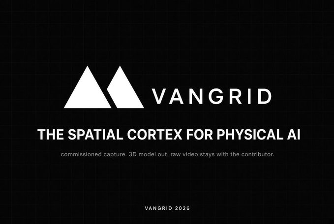 A promotional graphic with a black grid background displaying the VANGRID logo and the tagline 'THE SPATIAL CORTEX FOR PHYSICAL AI' along with text about commissioned capture and 3D models.