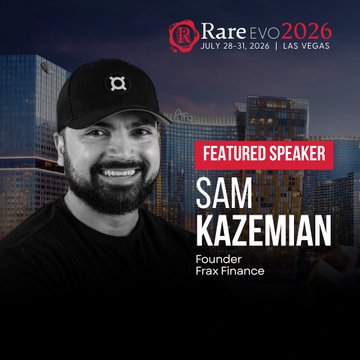 A promotional graphic for "Rare EVO 2026" (July 28-31, 2026, Las Vegas) featuring Sam Kazemian, Founder of Frax Finance, wearing a black Frax cap.