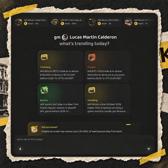 Screenshot of a prediction market app interface greeting user 'Lucas Martin Calderon' with various trending markets including Bitcoin price predictions on Binance, a question about Jaxson Dart playing for the NY Giants, and a chat input field asking 'Will it rain in NYC today?'.