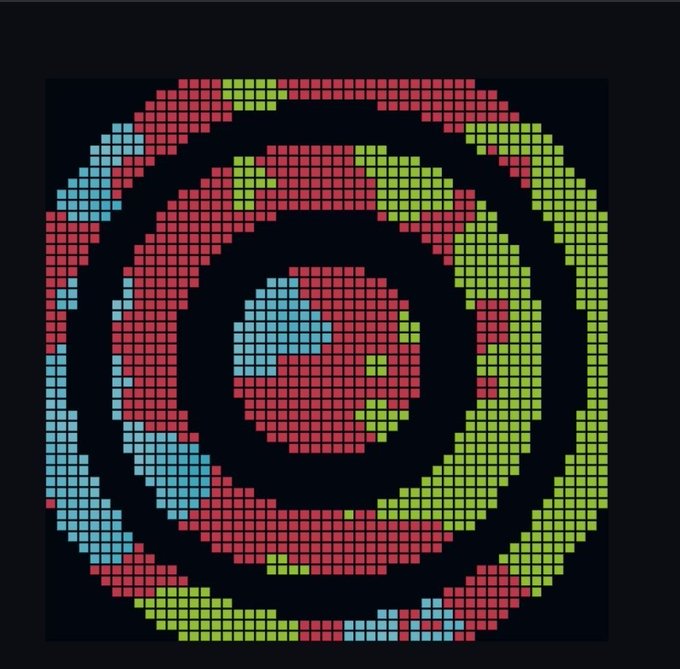 A pixel-art style circular logo on a black background, composed of red, green, and light blue squares forming concentric patterns.