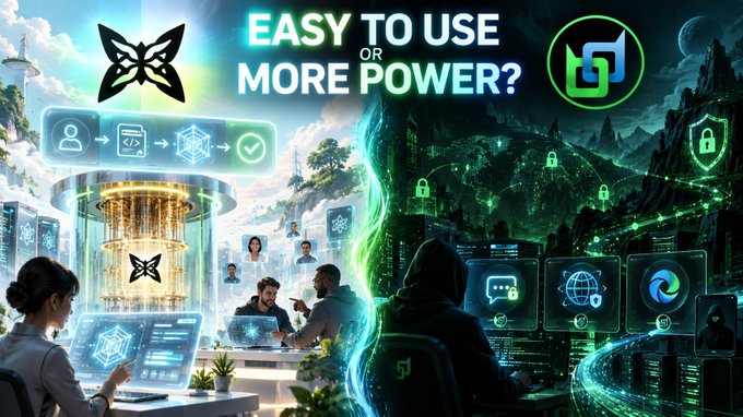 Promotional graphic asking 'EASY TO USE OR MORE POWER?' showing a comparison between a bright collaborative tech scene on the left and a darker hacking/security scene on the right, featuring a butterfly logo and an 'S' logo.