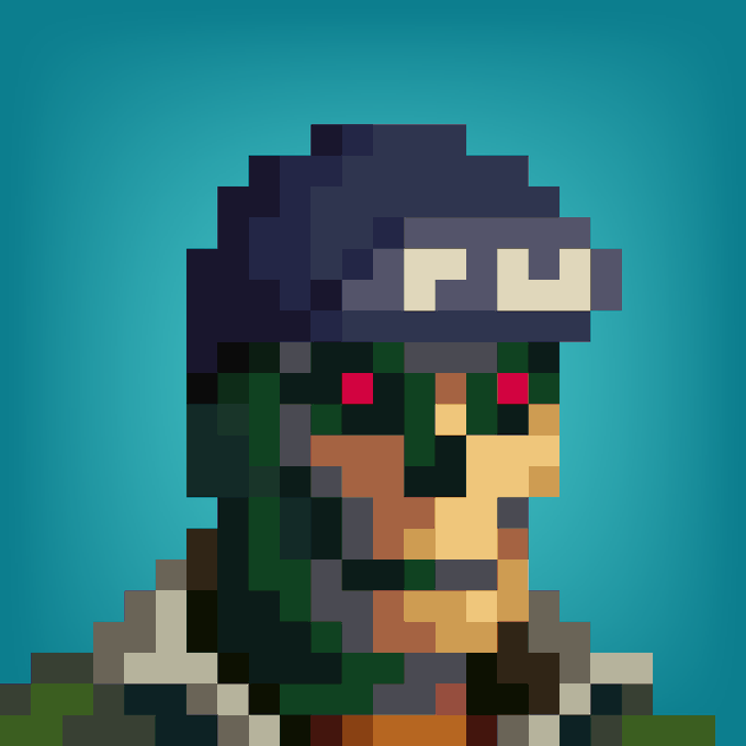 A pixel art portrait of a character with dark hair, a headband, and green clothing against a teal background.