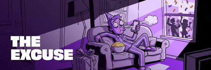 A purple-toned cartoon illustration of a man lounging on a couch in pajamas, smoking a cigar, eating popcorn, and holding a phone, watching party guests through a window, with the text "THE EXCUSE" in the corner.
