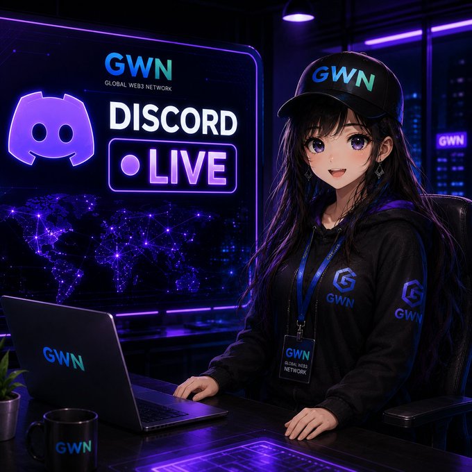 An anime-style host wearing a "GWN" cap and branded hoodie presents the Global Web3 Network's official Discord launch on a glowing purple stream featuring the Discord logo and a "● LIVE" indicator. The image visually announces the community going live, aligning with GWN's invitation for Web3 founders, creators, and builders to connect.