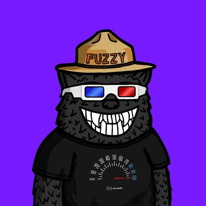A cartoon illustration of a furry black character wearing a tan 'FUZZY' hat and 3D glasses, with a wide grinning smile, a black t-shirt featuring a speedometer graphic, and the text 'XRP LEDGER' on a purple background.