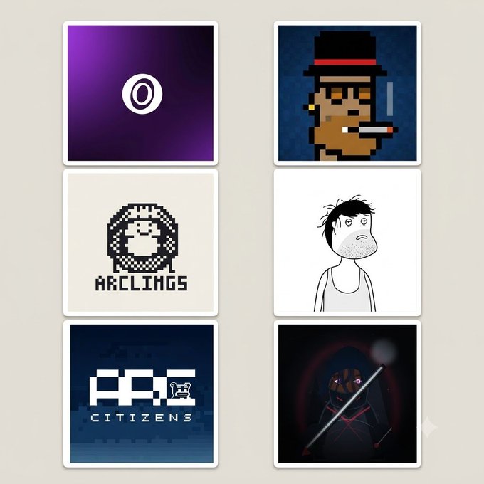 A grid of six pixel art and digital artwork icons on a beige background, featuring logos including "ARCLINGS" and "AA x CITIZENS," along with portraits of a man in a top hat and various stylized faces.