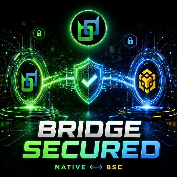 The image displays a stylized graphic with the text "BRIDGE SECURED" and "NATIVE ↔ BSC" flanked by two glowing circular emblems connected by a central shield with a checkmark, symbolizing secure cross-chain bridging between Beldex's native network and Binance Smart Chain. This visual reinforces the post's message about the Beldex Bridge being thoroughly tested by Hacken and relaunched only after security findings were resolved, with the shield and checkmark emphasizing the verified safety of the infrastructure.