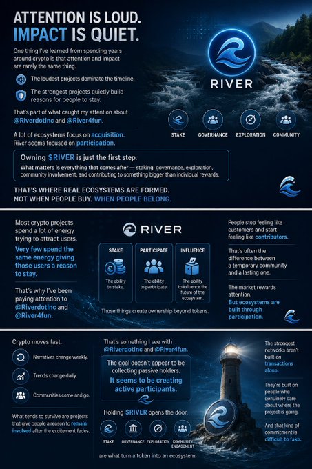 The image features a screenshot of a webpage with various posts, icons, and graphics about cryptocurrency projects. One of these posts includes a photo that depicts an old lighthouse. The title "ATTENTION IS LOUD Impact IS QUICK. That's why I'S paying attention to @RIVER. It'S THE interesting part isn't simply holding $RIVER". This image highlights the importance of focusing on specific projects and sharing what makes them interesting in the world of cryptocurrency.