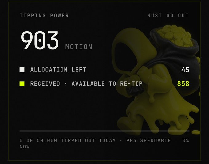 A digital dashboard showing 'Tipping Power' of 903 MOTION, with 45 allocation left and 858 received/available to re-tip, featuring a cartoon octopus character carrying a bag of coins.
