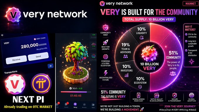 A promotional graphic for **Very Network ($VERY)** showcasing a 10 billion total token supply, with a 51% community allocation, alongside screenshots of the "VeryChain" wallet, a "Next Pi" trading app, and a 3D growing tree animation. The image aligns with the post by highlighting the early opportunity to mine and earn **+50 free $VERY** through a referral signup bonus.