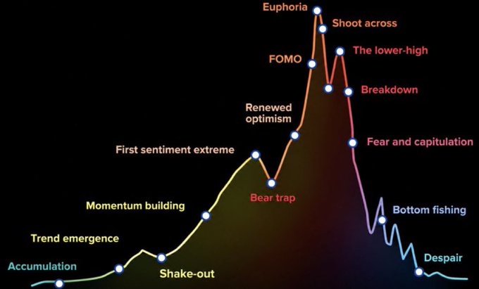 A chart illustrating the 'Crypto market psychology cycle' with a curved line mapping stages from 'Accumulation' to 'Euphoria' and down to 'Despair'.