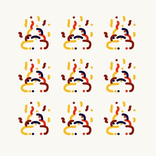 A repeating 3x3 grid of identical minimalist logos featuring stylized yellow and red faces or creatures formed by simple curves and dots.