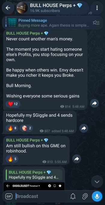 A Telegram channel called "BULL HOUSE Perps" (16.9K subscribers) features posts about $Giggle being a "charity driven meme" trading on both Binance spot and perps, with the user expressing bullish sentiment on GME on Robinhood as well. The posts align with the caption's enthusiasm for $Giggle, highlighting the channel's promotion of the token and its optimistic price targets.