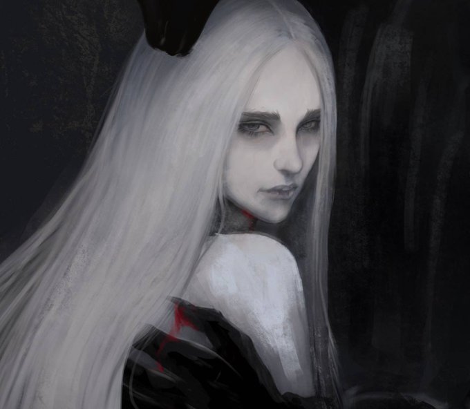 A moody portrait painting of a pale woman with long white hair and dark horns, looking over her shoulder with red eyes against a dark background.