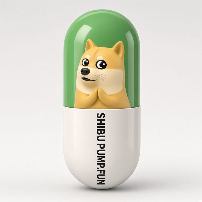 A 3D rendering of a capsule-shaped object with a green top containing a cartoon Shiba Inu dog with its paws together, and a white bottom labeled 'SHIBU PUMP:FUN'.