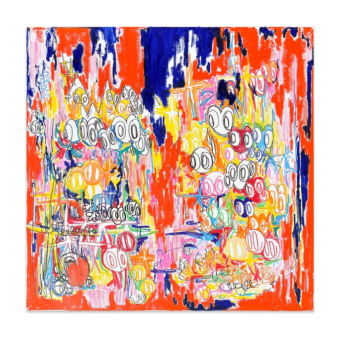 A vibrant, chaotic abstract painting filled with repeating eye-like oval shapes, bright colors like red, pink, blue, and yellow, and illegible text scribbles.