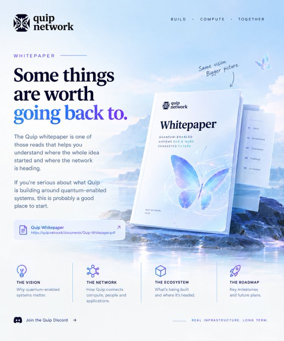 A promotional webpage for 'quip network' Whitepaper titled 'Some things are worth going back to,' highlighting quantum-enabled systems with a butterfly graphic and sections for The Vision, The Network, The Ecosystem, and The Roadmap.
