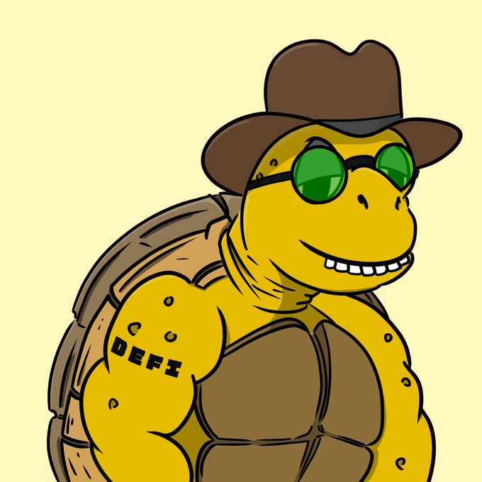 A cartoon illustration of a muscular turtle wearing a cowboy hat and green sunglasses, with 'DEFI' tattooed on its arm.