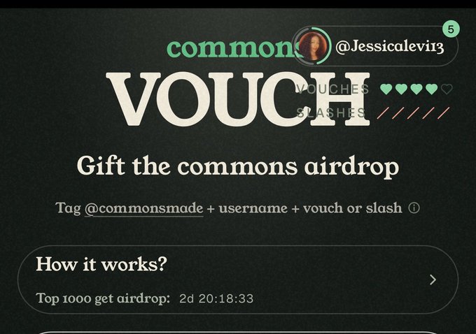 The image displays a "Vouch" screen from the Commons platform, featuring the handle @JessicaIeviir3 with "vouches" and "slashes" counters, prompting users to "Gift the commons airdrop" by tagging @commonsmade with a username plus "vouch or slash."

The post references the 3 remaining vouches visible in the user's vouch count, asking the community who they should vouch for next before using them up.