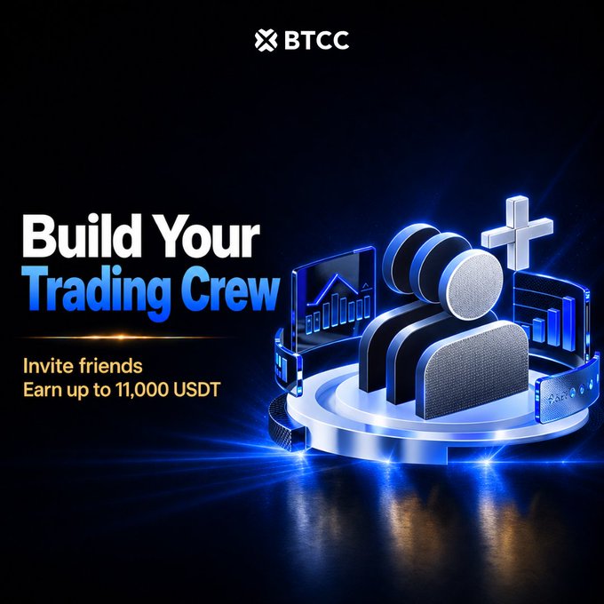 BTCC advertisement reading 'Build Your Trading Crew - Invite friends, Earn up to 11,000 USDT' with a 3D graphic of figures and trading screens.