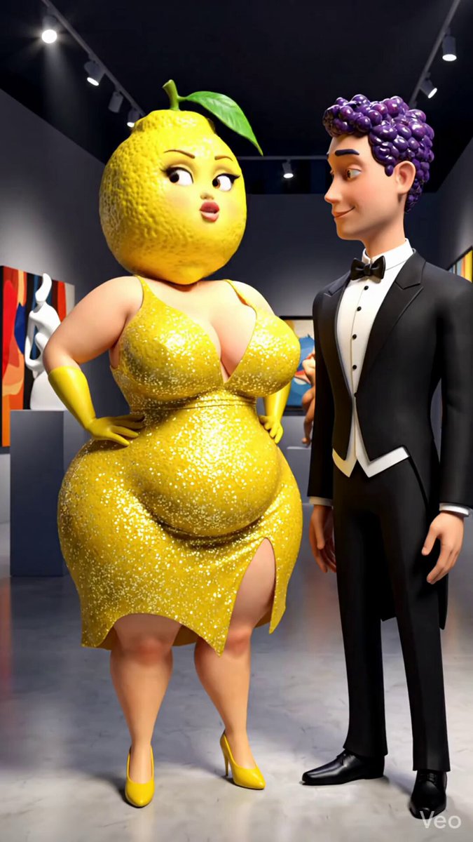 The image features a man dressed in a tuxedo standing next to a woman wearing a dress with a fake fruit head. The man appears to be a businessman, while the woman has an unusual appearance due to her costume. They are both looking at each other and seem to be engaged in conversation or observing something interesting together.