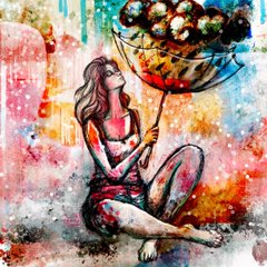 A colorful abstract painting of a seated woman holding a large bouquet of multicolored flowers against a vibrant painted background.