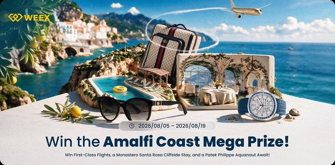 A WEEX promotional banner for the 'Amalfi Coast Mega Prize' giveaway (2026/08/05 - 2026/08/19) featuring first-class flights, a Monoster Santa Rosa Cliffside stay, and a Potek Philippe Aquanaut, set against a coastal Mediterranean backdrop.