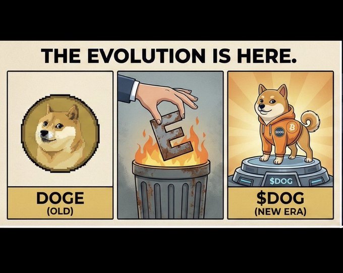 A three-panel meme titled 'THE EVOLUTION IS HERE' showing a progression from a 'DOGE (OLD)' coin, to a letter E being burned, to a Shiba Inu character in an orange hoodie on a pedestal labeled '$DOG (NEW ERA)'.