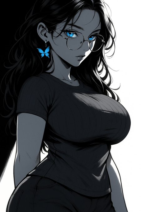 An anime-style illustration depicts a woman with long dark hair, blue eyes, glasses, a blue butterfly earring, and a fitted dark gray t-shirt against a split black and white background.