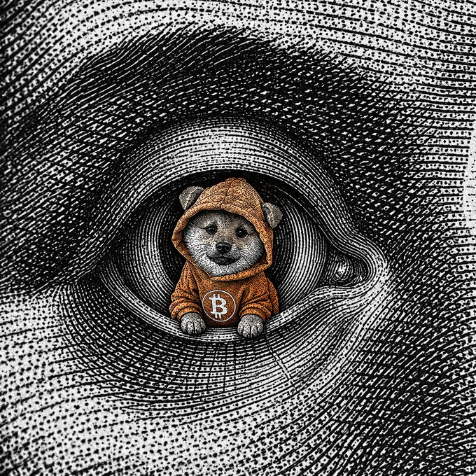 The image features a cartoon dog wearing an orange hoodie, sitting inside someone's eye with the caption "The all-seeing eye now sees the inevitable. $DOG was born on Bitcoin. And the world will realize it soon." The text is in black and white, which adds to the artistic feel of the image.