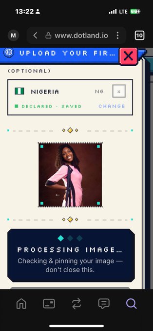 A mobile screenshot of the website www.dotland.io showing a user's profile declaring Nigeria as their country, with a photo uploading and 'PROCESSING IMAGE — Checking & pinning your image — don't close this.'