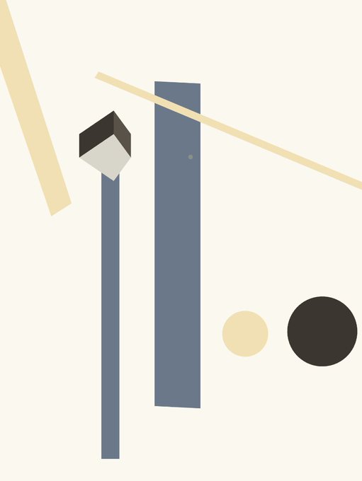 A minimalist digital artwork titled "Primera 213" from OpenSea features geometric shapes including blue rectangles, a 3D black cube, and circles in cream and black tones on a light background. The composition relates to the post as the visual representation of the NFT item being shared on the OpenSea marketplace.