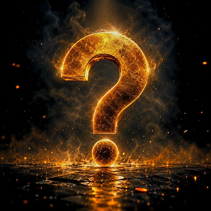 A glowing golden question mark emerges from flames and embers against a dark background, symbolizing mystery and speculation. The fiery "?" visually reinforces the post's teaser asking followers to guess the undisclosed short position, building intrigue and anticipation for the reveal.