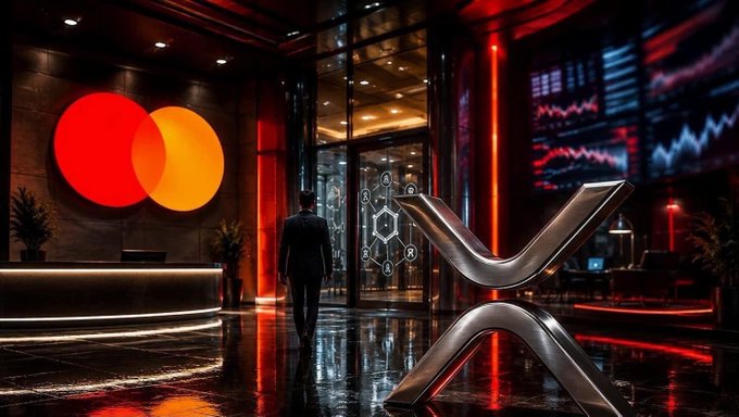 A futuristic, dark-toned image shows a person walking into a high-tech lobby featuring the Mastercard logo and a large metallic XRP (Ripple) symbol.